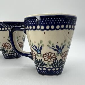 2 Boleslawiec Polish Pottery Coffee Mug Hand Painted Flowers 12 oz Blue Orange